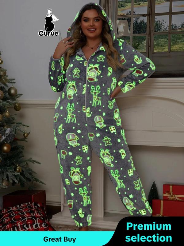  All Over Christmas Print Zipper Hooded Flannel Onesie, Casual Long Sleeve PJ Onesie for Fall & Winter, Women's Sleepwear for Indoor Wear Onesies Pajama