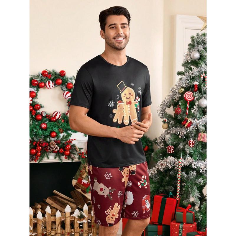 Shein CoupledUp 2pcs Men's Christmas Theme Printed Crew Neck Tee And Shorts Pajama Set Men's Fleece Fabric Pants