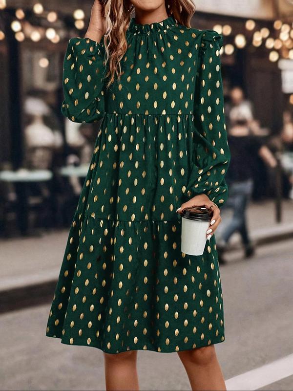 Women's Polka Dot Hot Stamping Frill Trim Ruffle Hem A Line Dress, Elegant Bishop Sleeve Mock Neck Knee Length Dress for Spring & Fall, Women's Clothing for Daily Wear