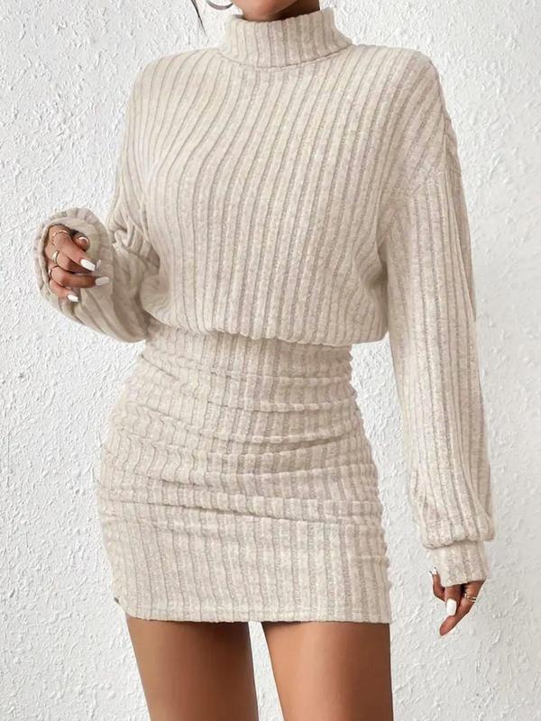 Women's Plain Drop Shoulder Turtleneck Ribbed Dress, Elegant Long Sleeve Short Dress for Fall & Winter, Women's Clothing for Daily Wear