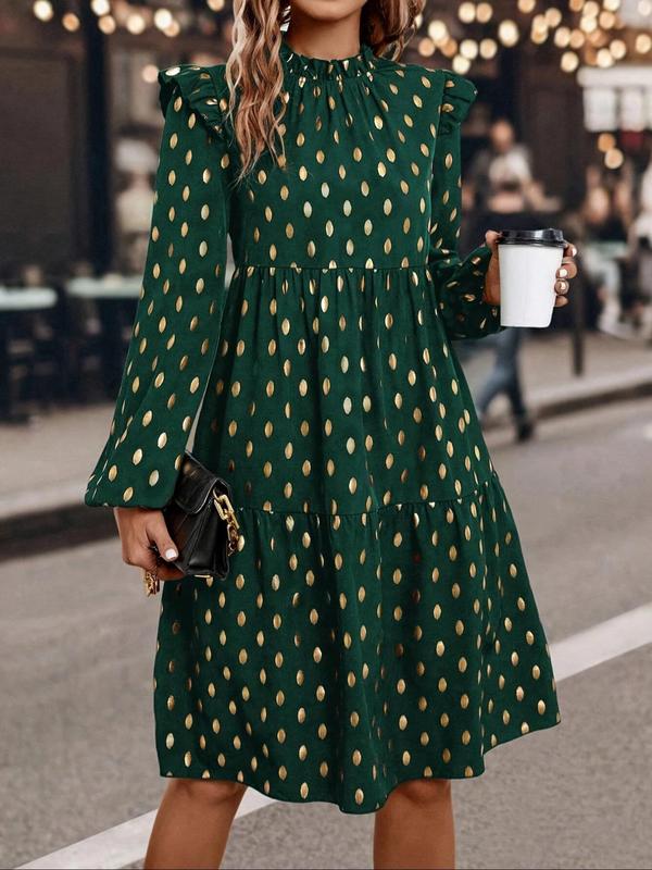 Women's Polka Dot Hot Stamping Frill Trim Ruffle Hem A Line Dress, Elegant Bishop Sleeve Mock Neck Knee Length Dress for Spring & Fall, Women's Clothing for Daily Wear