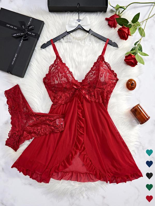 Women's Bow Decor Wrap Sheer Lace Ruffle Trim Cami Nightdress & Thong Sexy Lingerie Set, Adjustable Spaghetti Strap Cut Out Contrast Mesh Nighty Dress & Thong Set, Fall Clothes, Ladies Sleepwear Set for All Seasons