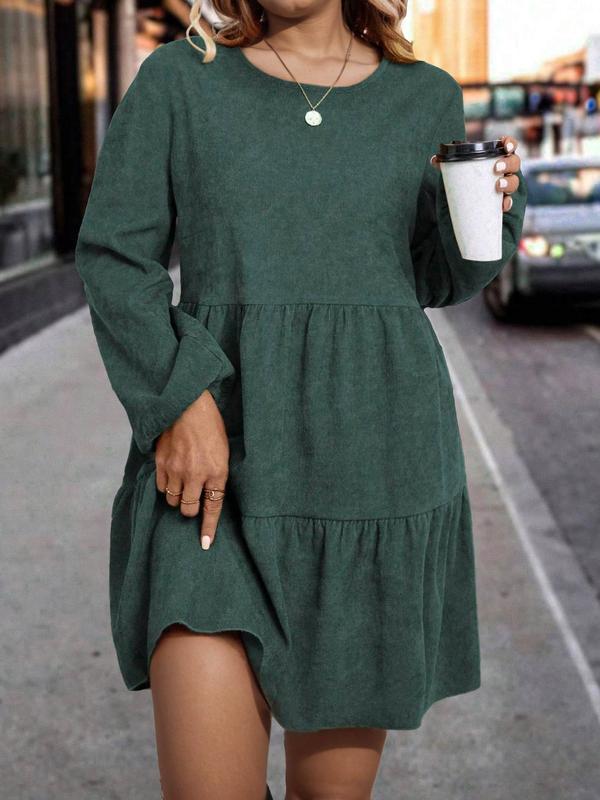  Plain Ruffle Hem Keyhole Back Smock Dress, Casual Bishop Sleeve Round Neck Short Dress for Spring & Fall, Women's Clothes for Daily Wear, Holiday Dresses