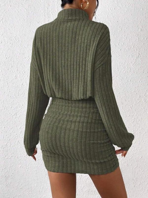 Women's Plain Drop Shoulder Turtleneck Ribbed Dress, Elegant Long Sleeve Short Dress for Fall & Winter, Women's Clothing for Daily Wear