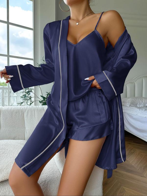 Three-piece Set Women's Contrast Binding Satin Pyjama Set, Back To School Fall Pj Sets for Women, Casual Cami Top & Ruffle Hem Shorts & Belted Lounge Robe Loungewear Set for Fall, Pajama Sets Women, Fall Clothes, Women's Nightwear, Fall Wear 2024