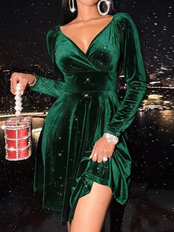 Women's  Wrap V Neck A Line Dress, Elegant Long Sleeve Short Dress for Party Holiday Wedding Guest, Ladies Fall & Winter Clothes