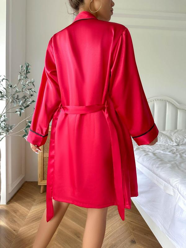 Three-piece Set Women's Contrast Binding Satin Pyjama Set, Back To School Fall Pj Sets for Women, Casual Cami Top & Ruffle Hem Shorts & Belted Lounge Robe Loungewear Set for Fall, Pajama Sets Women, Fall Clothes, Women's Nightwear, Fall Wear 2024