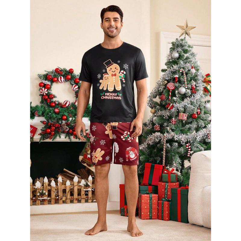 Shein CoupledUp 2pcs Men's Christmas Theme Printed Crew Neck Tee And Shorts Pajama Set Men's Fleece Fabric Pants