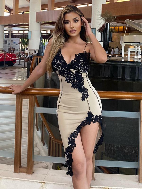 Women's Contrast Lace Bodycon Dress, Dresses for Women, Birthday Dresses 2024, Elegant Chic Spaghetti Strap Cami Dress for Party Dating, Back To School Sundresses for Lady, Fall Womenswear