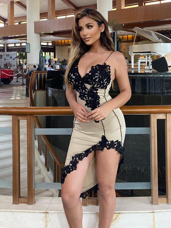 Women's Contrast Lace Bodycon Dress, Dresses for Women, Birthday Dresses 2024, Elegant Chic Spaghetti Strap Cami Dress for Party Dating, Back To School Sundresses for Lady, Fall Womenswear