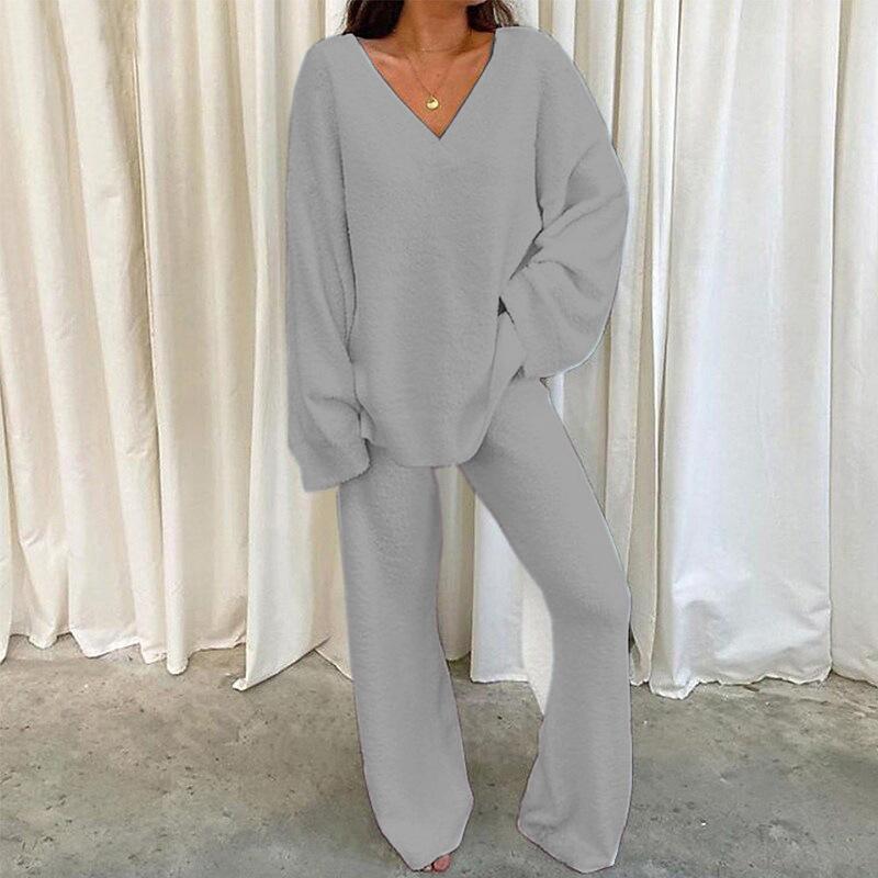 2024 Winter Comfortable Solid Color V-neck Casual Daily Home Warm Two-Piece Suit Loungewear Pajama