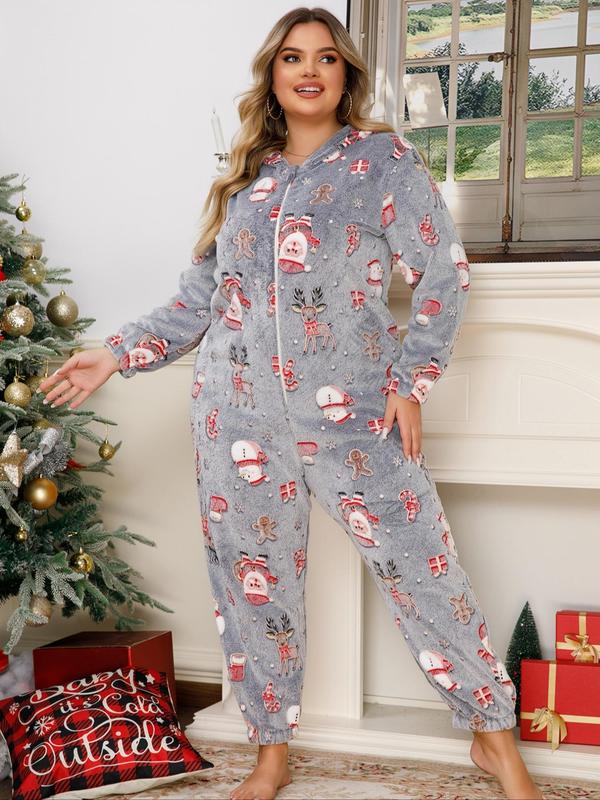  All Over Christmas Print Zipper Hooded Flannel Onesie, Casual Long Sleeve PJ Onesie for Fall & Winter, Women's Sleepwear for Indoor Wear Onesies Pajama