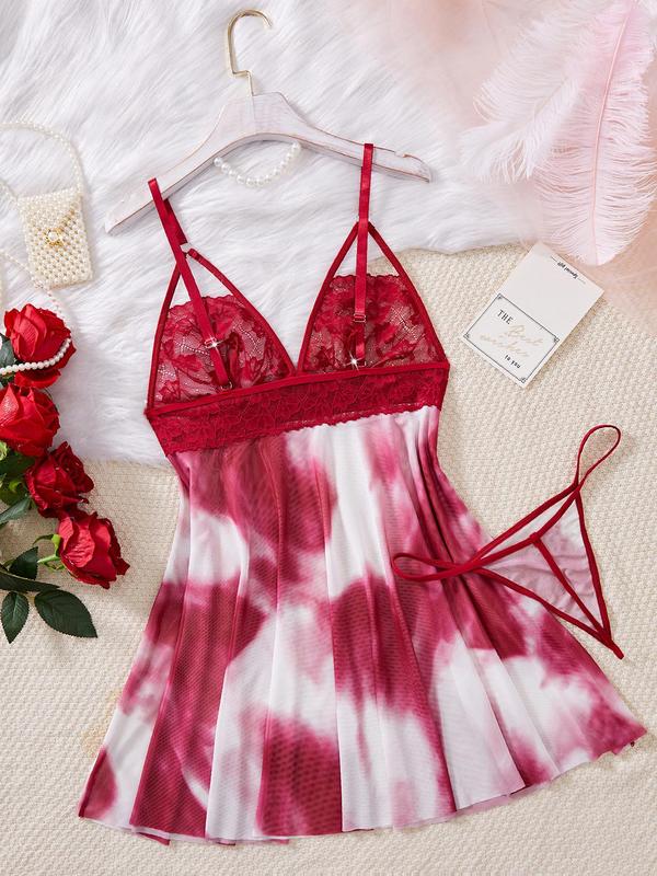 Women's Tie Dye Print Bow Decor Cami Nightdress & Thong Sexy Sleepwear Two-piece Set, V Neck Contrast Lace Sleeveless Design Nightgown & Panty, Ladies Sleepwear for All Seasons