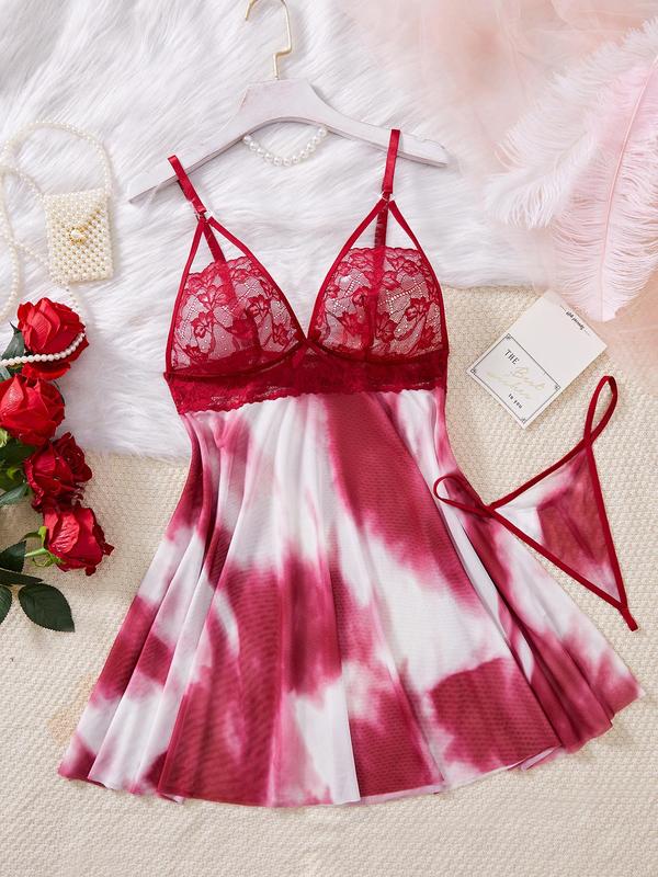 Women's Tie Dye Print Bow Decor Cami Nightdress & Thong Sexy Sleepwear Two-piece Set, V Neck Contrast Lace Sleeveless Design Nightgown & Panty, Ladies Sleepwear for All Seasons