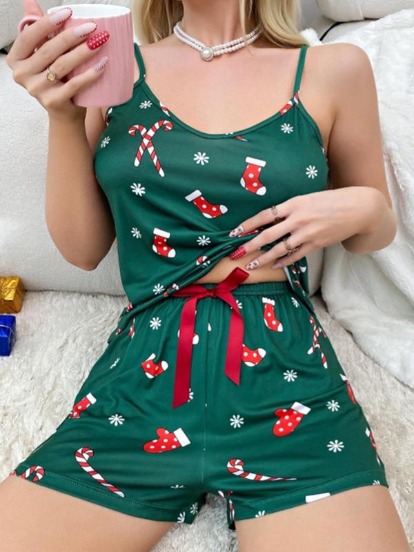 Women's Christmas Themed Spaghetti Strap Cami Top & Bow Decor Elastic Waist Shorts Pyjama Two-Piece Set, Casual Comfortable Loungewear Set for Women, Women's Sleepwear for All Seasons