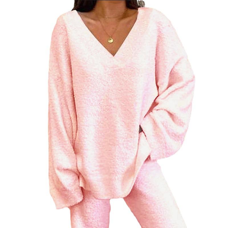 2024 Winter Comfortable Solid Color V-neck Casual Daily Home Warm Two-Piece Suit Loungewear Pajama