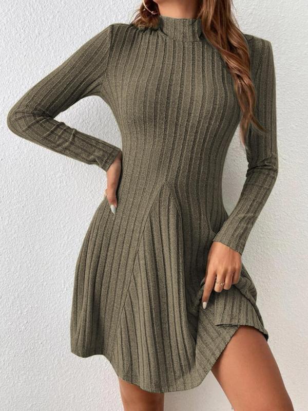 Women's Mock Neck Ribbed A Line Dress, Elegant Plain Long Sleeve Short Dress, Dresses for Women, Ladies Clothes for Daily Wear, Birthday Outfit Black Girl