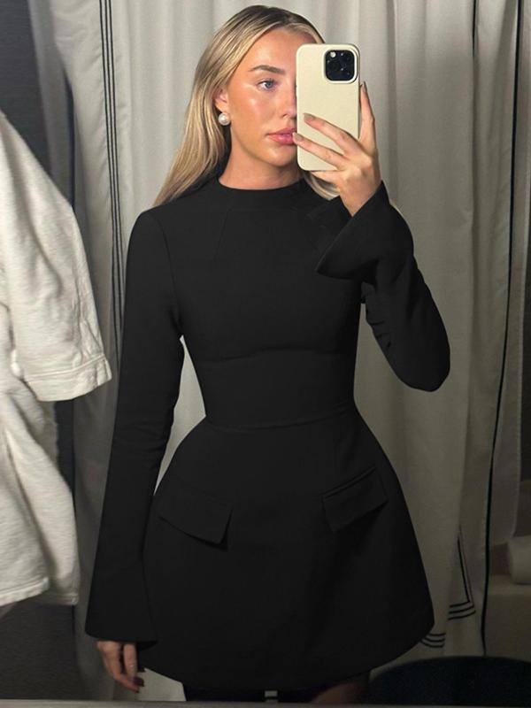 Women's Plain Split Flounce Sleeve Flap Detail A Line Dress, Elegant Long Sleeve Stand Collar Short Dress for Party Holiday Wedding Guest, Ladies Spring & Fall Clothes