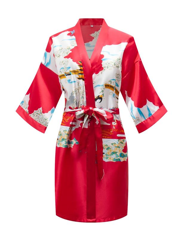 Women's Japanese Figure & Floral Print Belted Satin Kimono Robe, Casual 3 4 Sleeve V Neck Dressing Gown, Ladies Loungewear for All Seasons, Girly Night Clothes