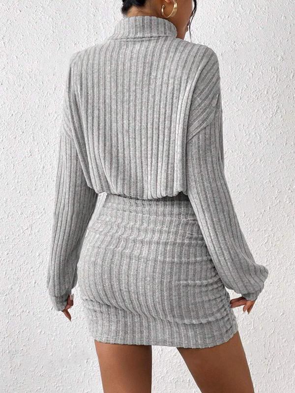 Women's Plain Drop Shoulder Turtleneck Ribbed Dress, Elegant Long Sleeve Short Dress for Fall & Winter, Women's Clothing for Daily Wear