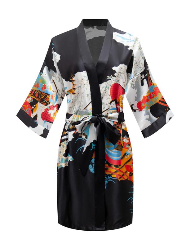 Women's Japanese Figure & Floral Print Belted Satin Kimono Robe, Casual 3 4 Sleeve V Neck Dressing Gown, Ladies Loungewear for All Seasons, Girly Night Clothes