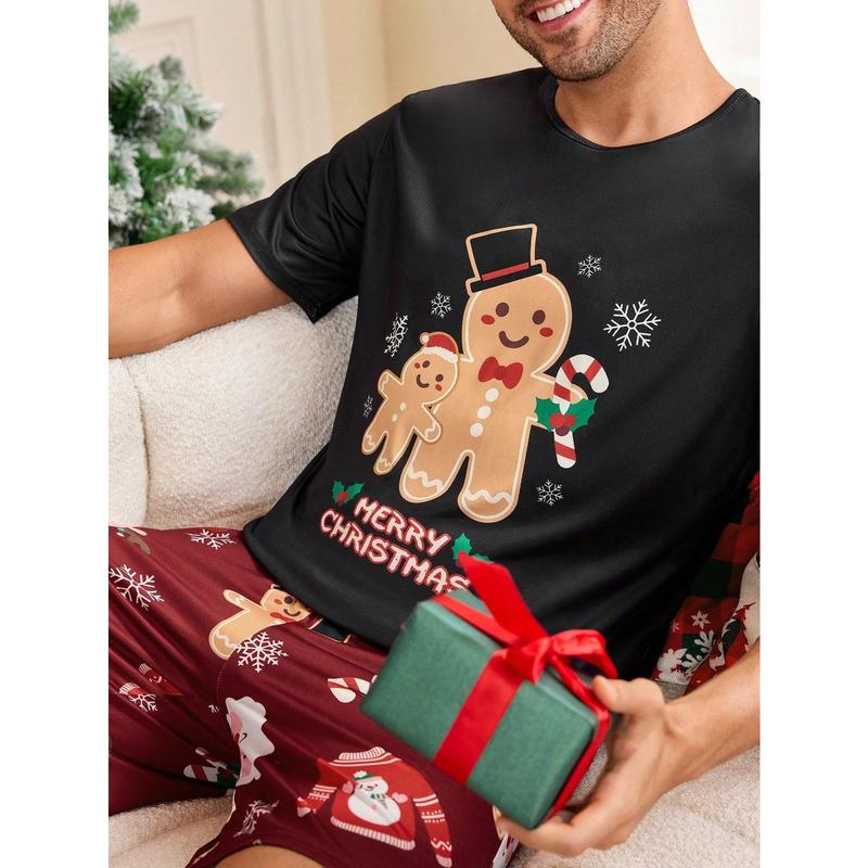 Shein CoupledUp 2pcs Men's Christmas Theme Printed Crew Neck Tee And Shorts Pajama Set Men's Fleece Fabric Pants