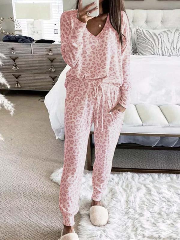 Women's Leopard Print Loungewear Set, Casual V Neck Tee & Drawstring Waist Pants Lounge Set, Chic Style Womenswear, Pajama Sets Women, Comfortable Sleepwear Co-ord Set for Fall