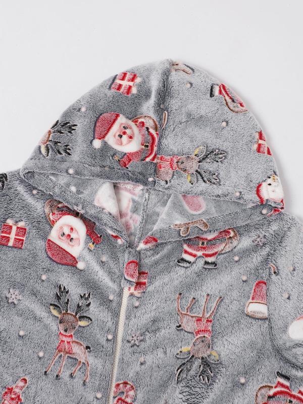  All Over Christmas Print Zipper Hooded Flannel Onesie, Casual Long Sleeve PJ Onesie for Fall & Winter, Women's Sleepwear for Indoor Wear Onesies Pajama