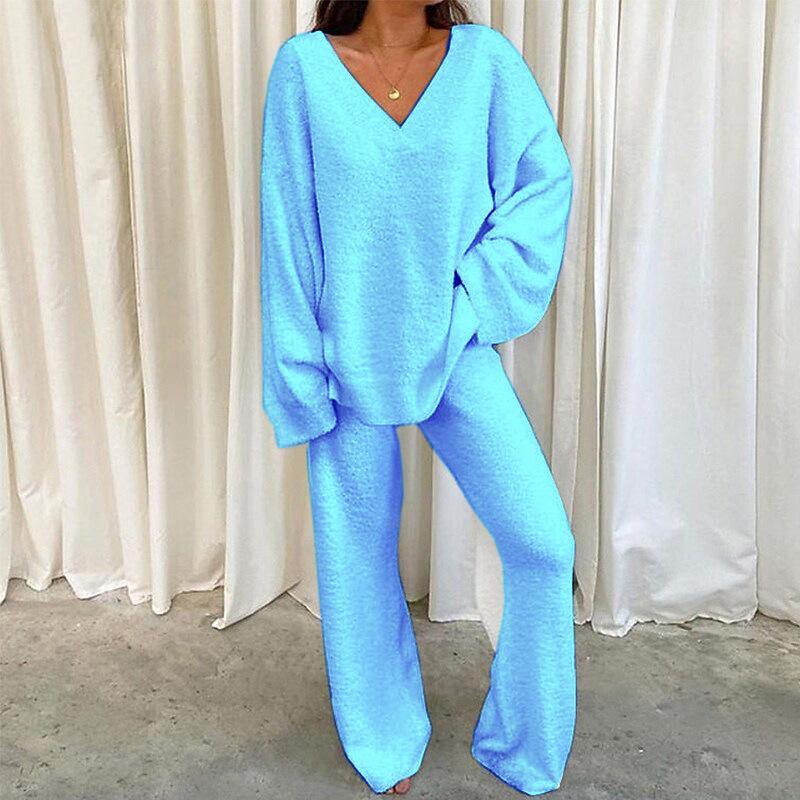 2024 Winter Comfortable Solid Color V-neck Casual Daily Home Warm Two-Piece Suit Loungewear Pajama