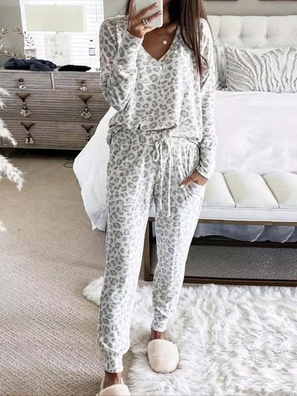 Women's Leopard Print Loungewear Set, Casual V Neck Tee & Drawstring Waist Pants Lounge Set, Chic Style Womenswear, Pajama Sets Women, Comfortable Sleepwear Co-ord Set for Fall