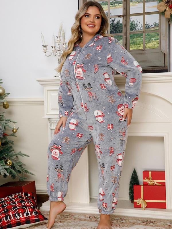  All Over Christmas Print Zipper Hooded Flannel Onesie, Casual Long Sleeve PJ Onesie for Fall & Winter, Women's Sleepwear for Indoor Wear Onesies Pajama