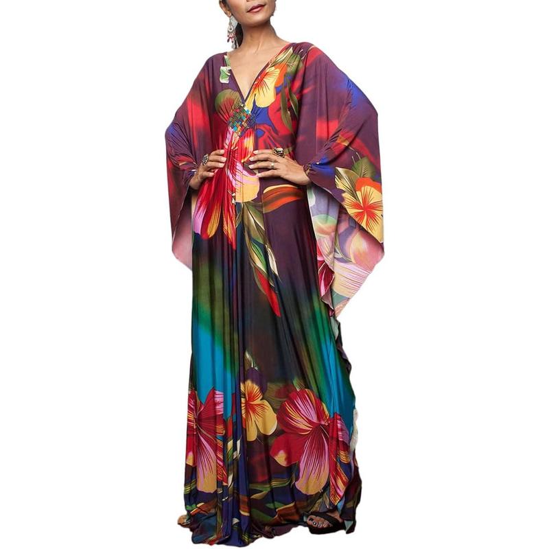 Bsubseach Women Ethnic Print Kaftan Dress ，All Over Print  Sleeve TunicDress, Boho Casual V Neck 3 4 Sleeve TunicDress for Women, Women's Plus  size Cover Up,Mrs. Roper Kaftan ，bubu，mumu，Casual Womenswear