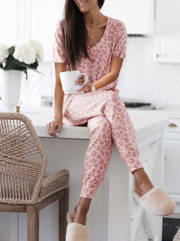 Women's Leopard Print Loungewear Set, Casual V Neck Tee & Drawstring Waist Pants Lounge Set, Chic Style Womenswear, Pajama Sets Women, Comfortable Sleepwear Co-ord Set for Fall