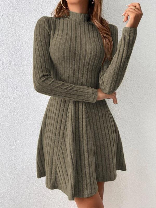 Women's Mock Neck Ribbed A Line Dress, Elegant Plain Long Sleeve Short Dress, Dresses for Women, Ladies Clothes for Daily Wear, Birthday Outfit Black Girl