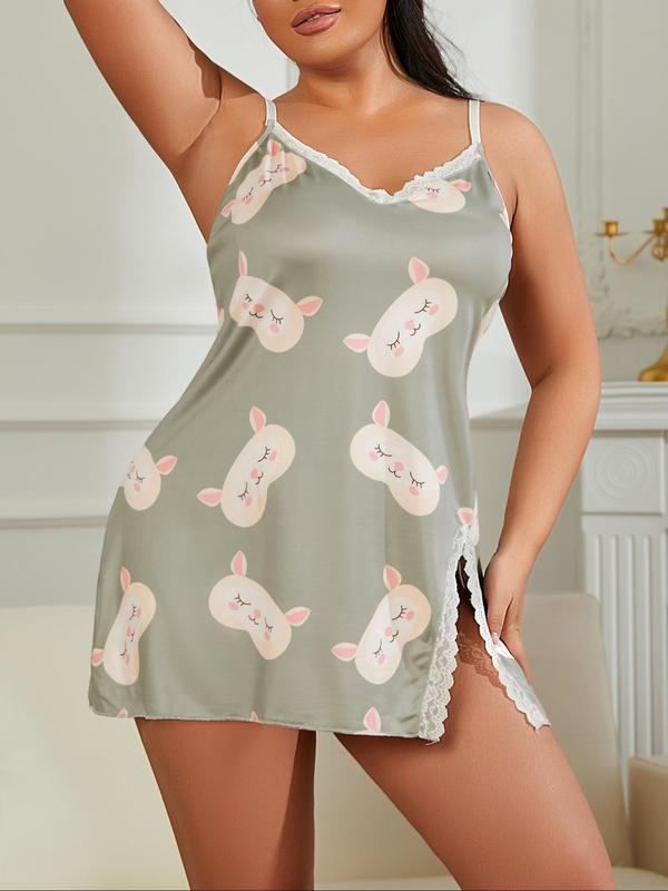  Cartoon Print Contrast Lace Split Thigh Cami Nightdress, Casual Soft Comfortable Nightgown for Women, Women's Sleepwear for All Seasons