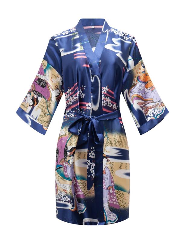 Women's Japanese Figure & Floral Print Belted Satin Kimono Robe, Casual 3 4 Sleeve V Neck Dressing Gown, Ladies Loungewear for All Seasons, Girly Night Clothes