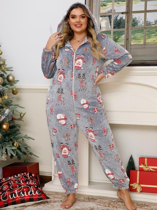  All Over Christmas Print Zipper Hooded Flannel Onesie, Casual Long Sleeve PJ Onesie for Fall & Winter, Women's Sleepwear for Indoor Wear Onesies Pajama