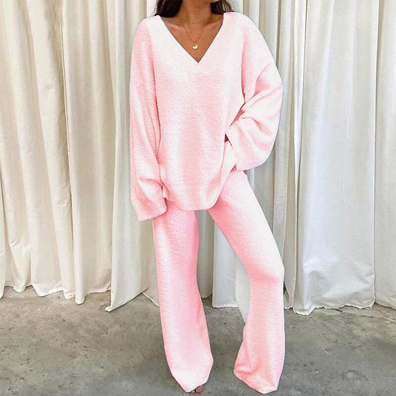 2024 Winter Comfortable Solid Color V-neck Casual Daily Home Warm Two-Piece Suit Loungewear Pajama