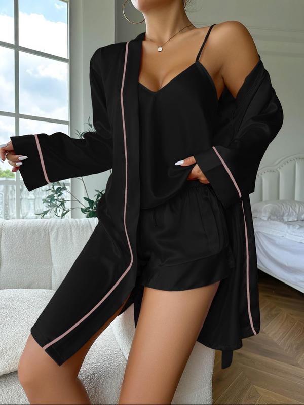 Three-piece Set Women's Contrast Binding Satin Pyjama Set, Back To School Fall Pj Sets for Women, Casual Cami Top & Ruffle Hem Shorts & Belted Lounge Robe Loungewear Set for Fall, Pajama Sets Women, Fall Clothes, Women's Nightwear, Fall Wear 2024