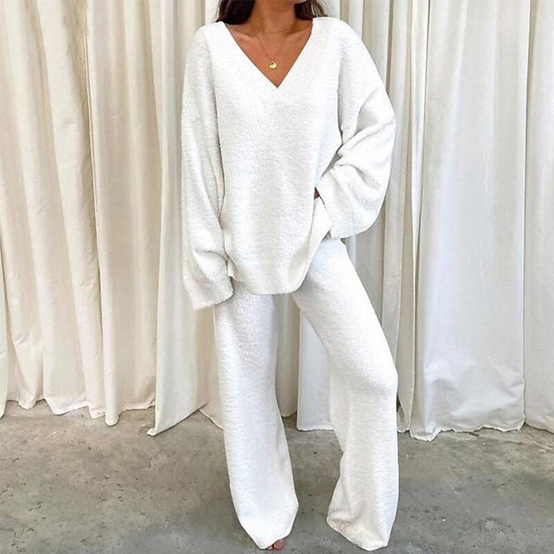 2024 Winter Comfortable Solid Color V-neck Casual Daily Home Warm Two-Piece Suit Loungewear Pajama