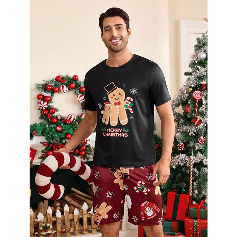 Shein CoupledUp 2pcs Men's Christmas Theme Printed Crew Neck Tee And Shorts Pajama Set Men's Fleece Fabric Pants