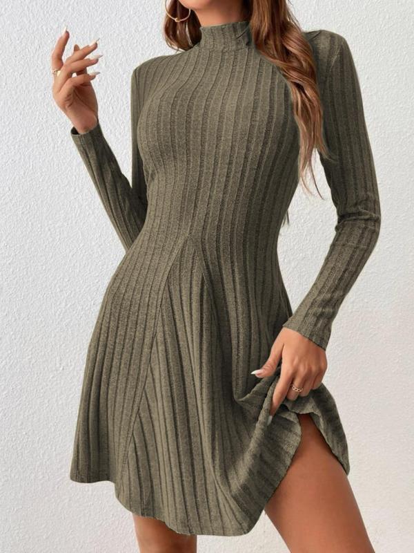 Women's Mock Neck Ribbed A Line Dress, Elegant Plain Long Sleeve Short Dress, Dresses for Women, Ladies Clothes for Daily Wear, Birthday Outfit Black Girl