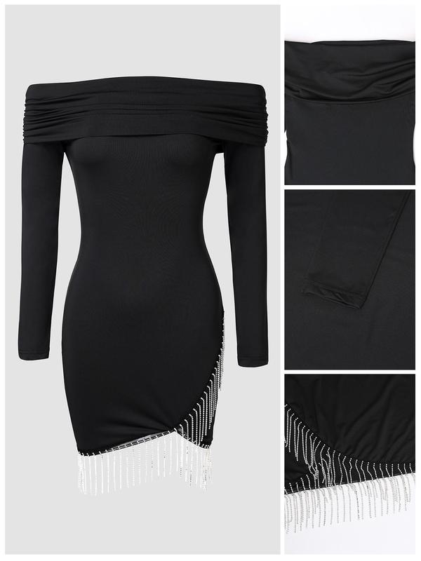 Women's Plain Off Shoulder Fringe Trim Bodycon Dress, Elegant Asymmetrical Ruched Long Sleeve Short Dress for Party Club Dating Wear, Women's Dress for Fall & Winter