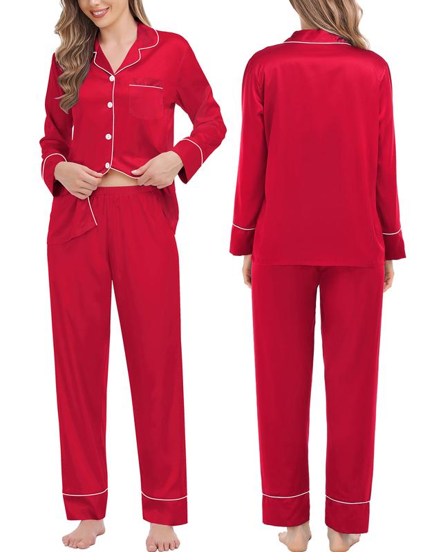 SWOMOG Couples Matching Pajamas Sets Silk Satin Long Sleeve Button Down Sleepwear 2 Pieces Classic Loungewear Pjs Womenswear