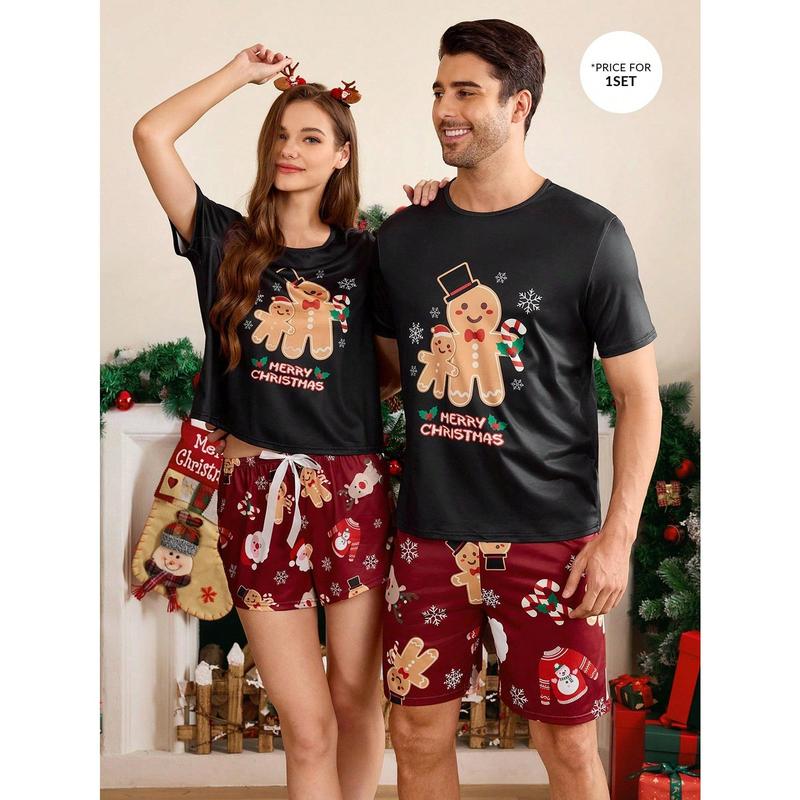 Shein CoupledUp 2pcs Men's Christmas Theme Printed Crew Neck Tee And Shorts Pajama Set Men's Fleece Fabric Pants