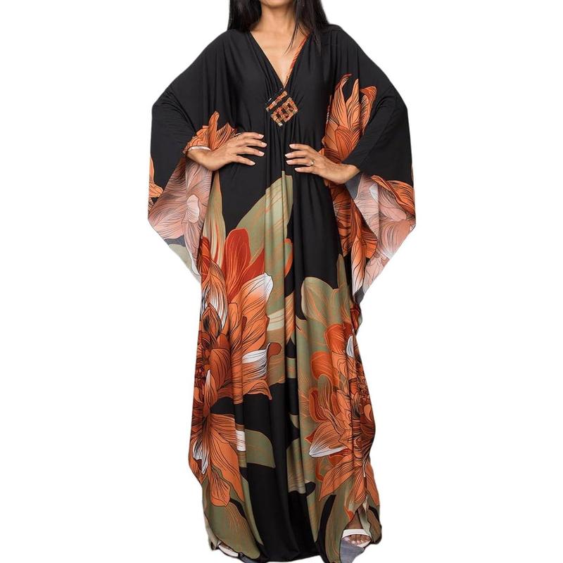 Bsubseach Women Ethnic Print Kaftan Dress ，All Over Print  Sleeve TunicDress, Boho Casual V Neck 3 4 Sleeve TunicDress for Women, Women's Plus  size Cover Up,Mrs. Roper Kaftan ，bubu，mumu，Casual Womenswear