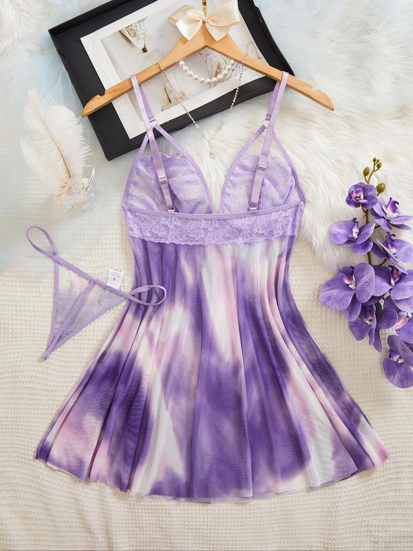 Women's Tie Dye Print Bow Decor Cami Nightdress & Thong Sexy Sleepwear Two-piece Set, V Neck Contrast Lace Sleeveless Design Nightgown & Panty, Ladies Sleepwear for All Seasons