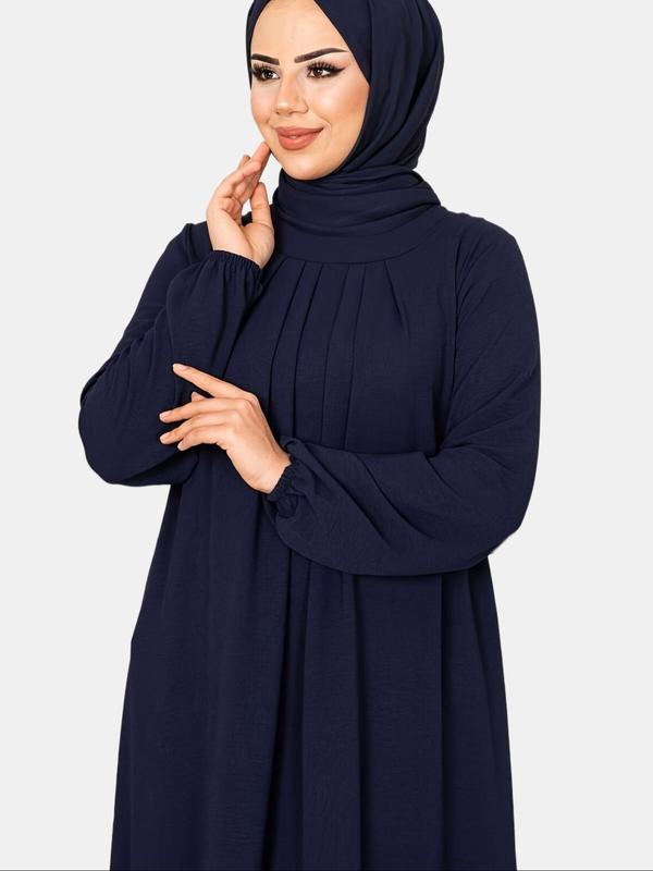 Women's Solid Plicated Bishop Sleeve Tunic Dress, Casual Long Sleeve Round Neck Maxi Dress for Daily Wear, Ladies Clothes for All Seasons