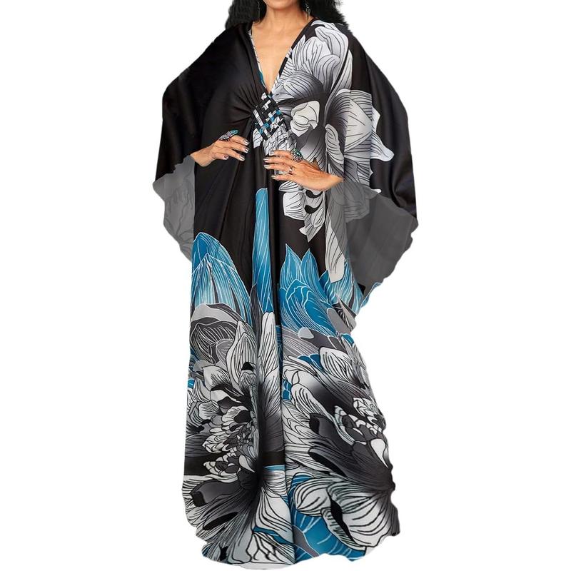 Bsubseach Women Ethnic Print Kaftan Dress ，All Over Print  Sleeve TunicDress, Boho Casual V Neck 3 4 Sleeve TunicDress for Women, Women's Plus  size Cover Up,Mrs. Roper Kaftan ，bubu，mumu，Casual Womenswear