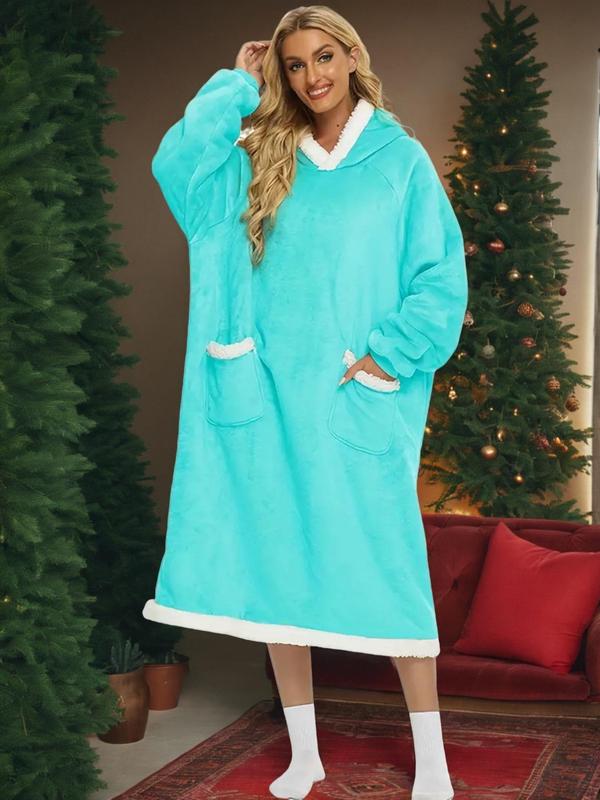 Women's Colorblock Drop Shoulder Pocket Hooded Lounge Robe, Casual Long Sleeve Open Front Fuzzy Robe for Fall & Winter, Women's Sleepwear for Indoor Wear